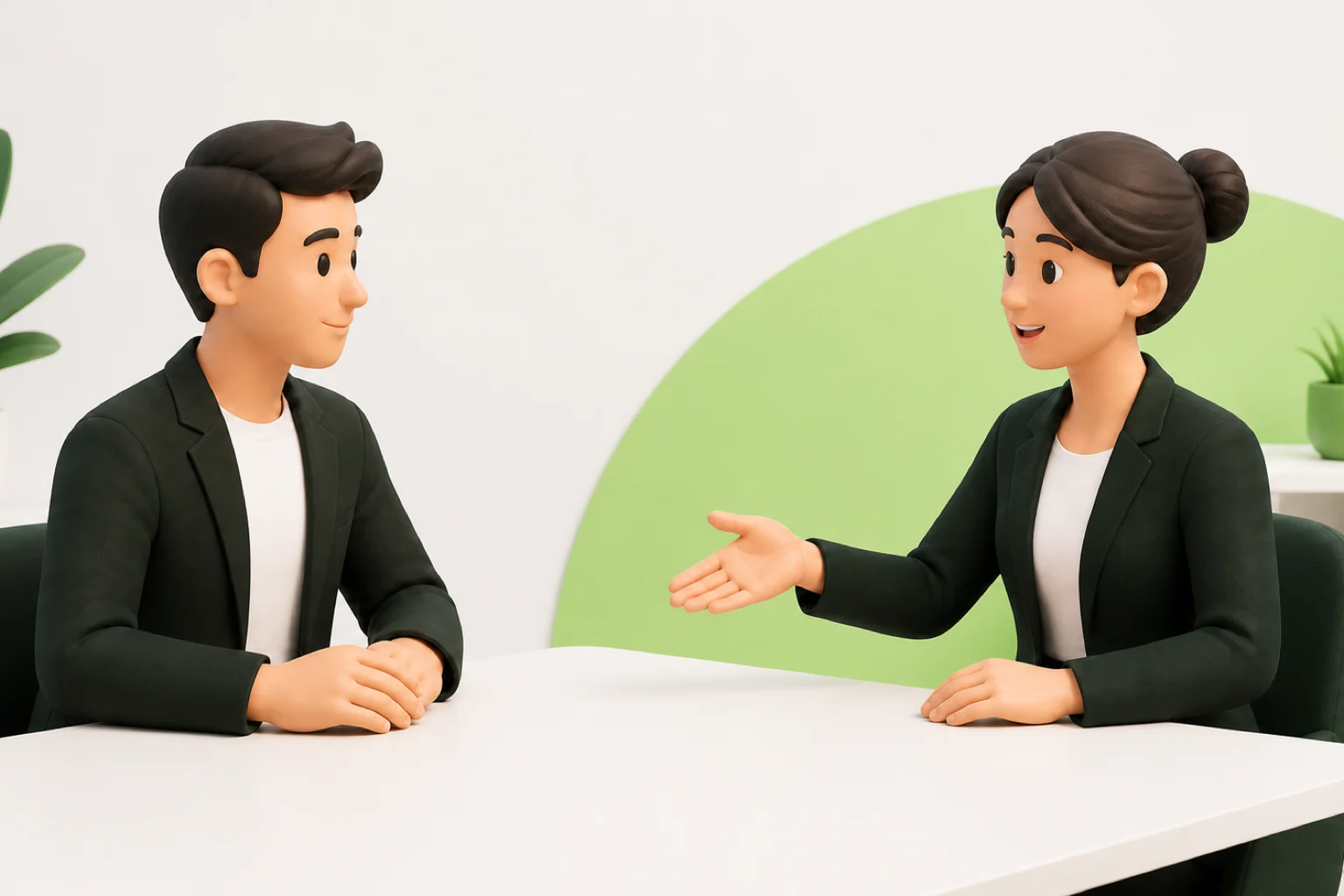 An employer and candidate discuss at a clear interview table