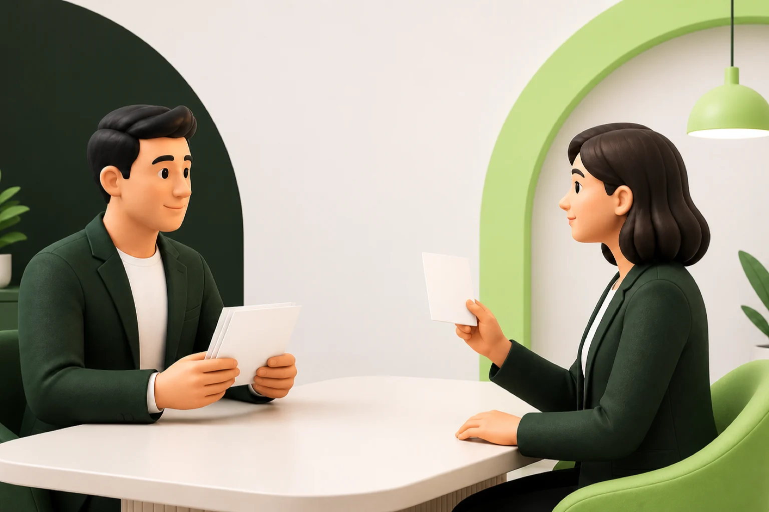 An interviewer and candidate hold blank cards across an interview table
