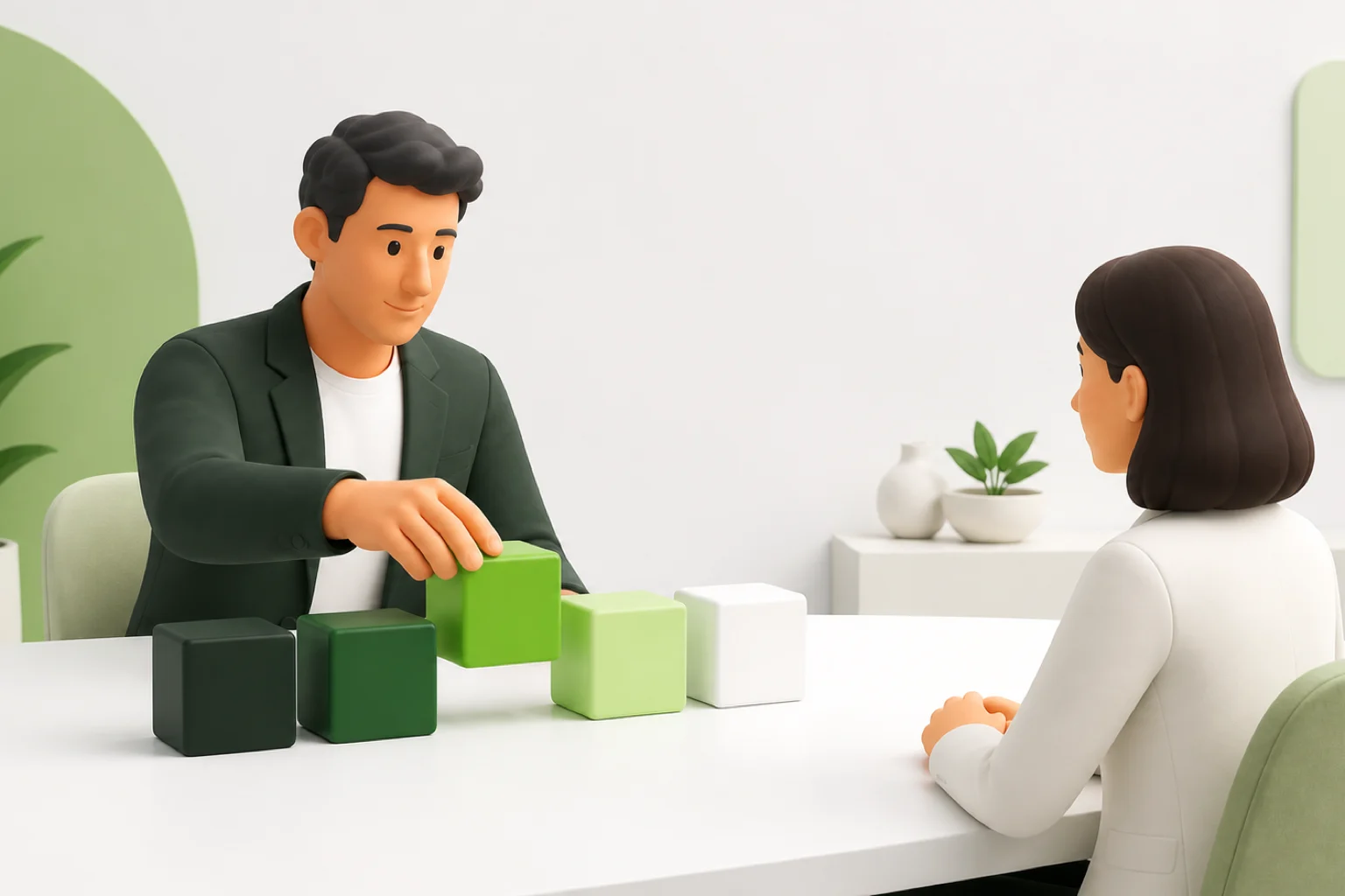 A hiring manager arranges colored blocks in a deliberate sequence across from a candidate