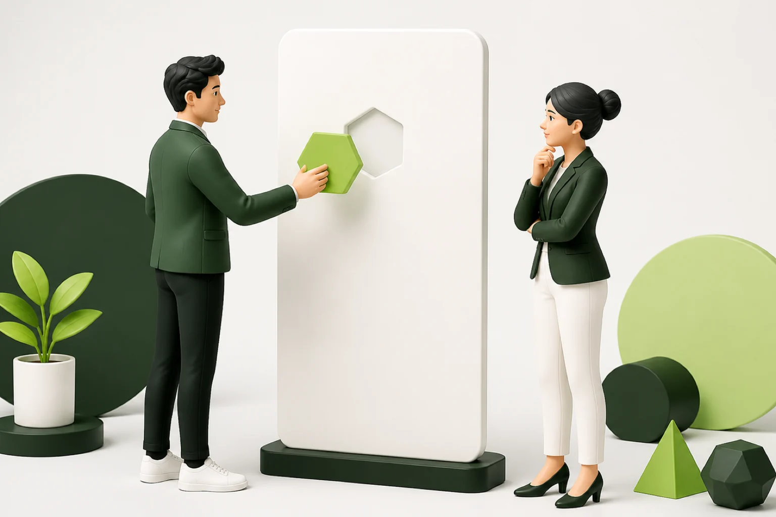 A candidate places a blue hexagon into a blank board while an employer watches